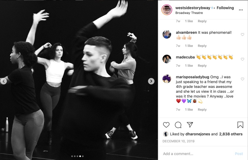 instagram pic of 2020 cast WSS dancing arms up post modern